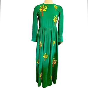 PEPALOVES Embroidered Green Maxi Dress With Yellow Trees Size S NWT